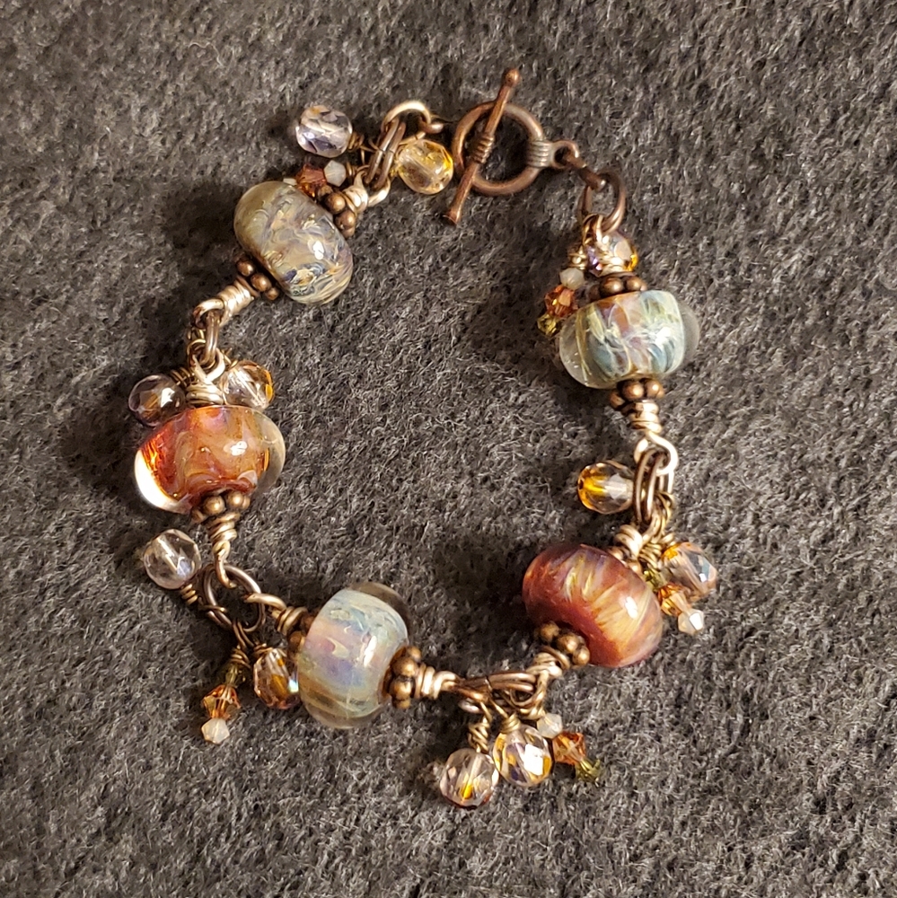 Handmade Lampwork Bracelet 7-7.5in. Toggle clasp copper wiring